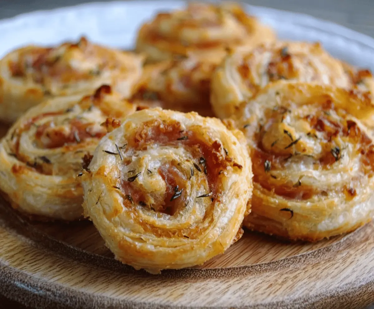 Delicious prosciutto puff pastry pinwheels with crispy golden layers and savory filling.
