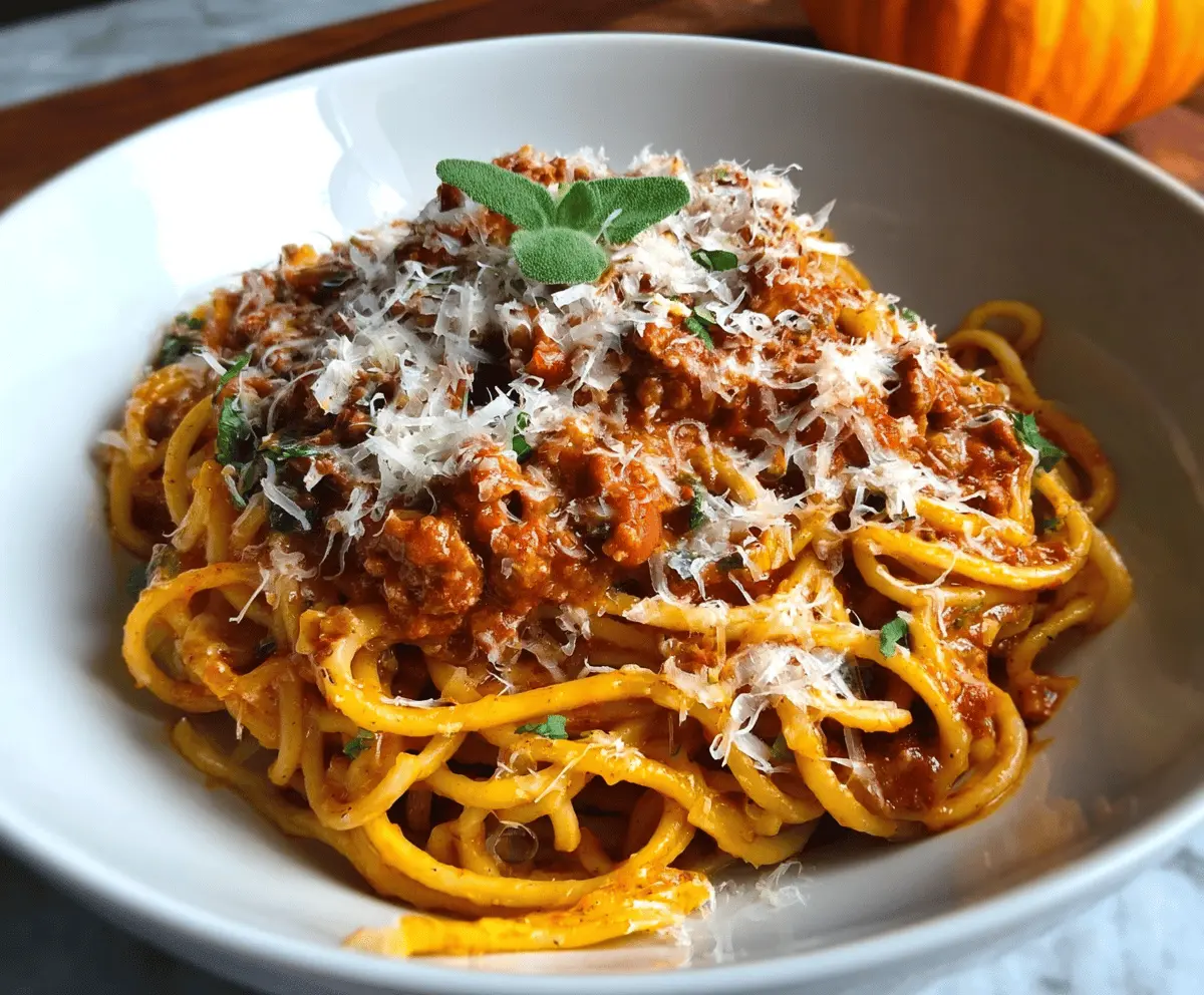 Hearty pumpkin Bolognese sauce served over pasta with fresh herbs, perfect for a cozy fall meal.