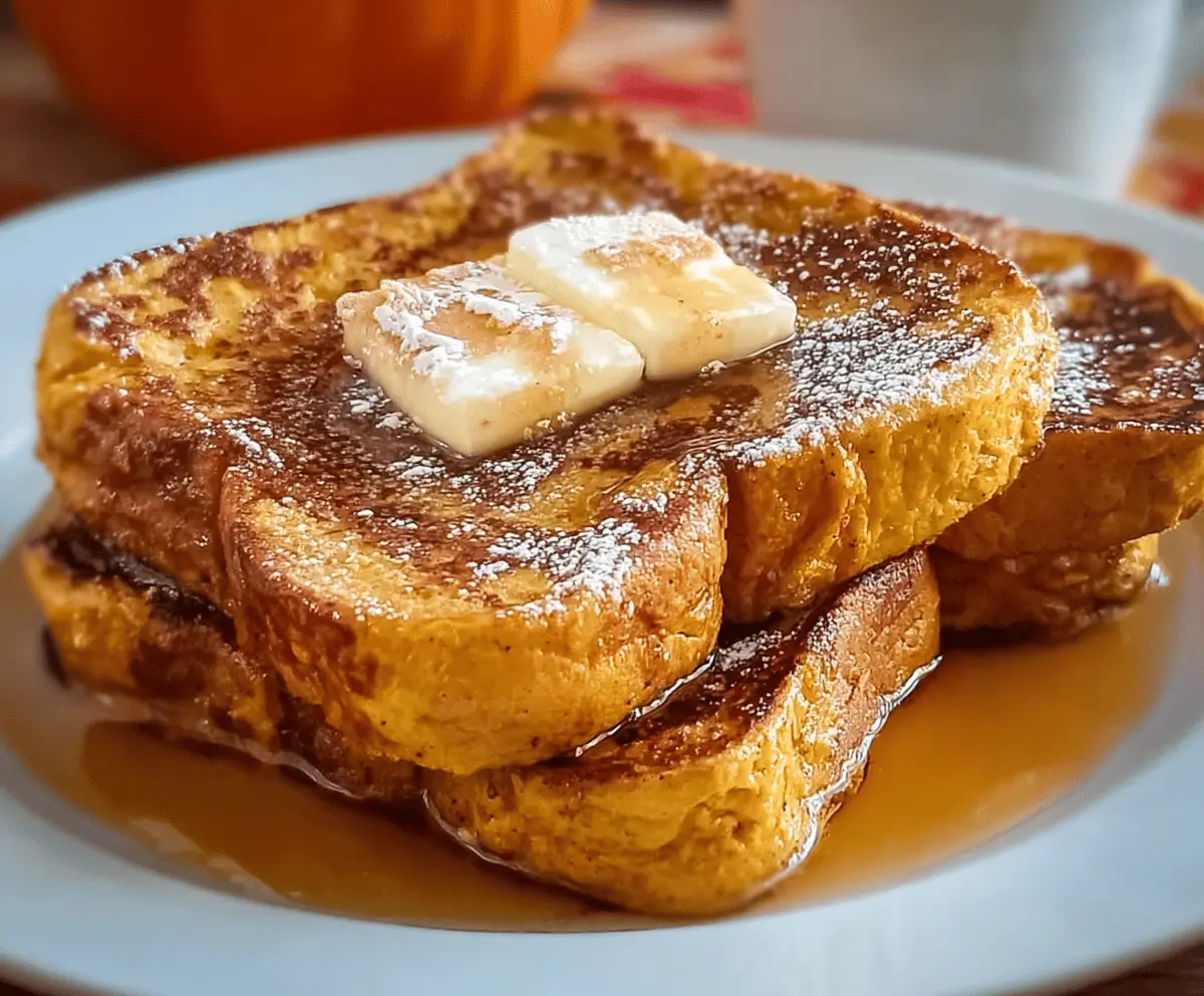 Delicious pumpkin French toast topped with brown sugar and cinnamon butter, served on a plate with a maple syrup drizzle