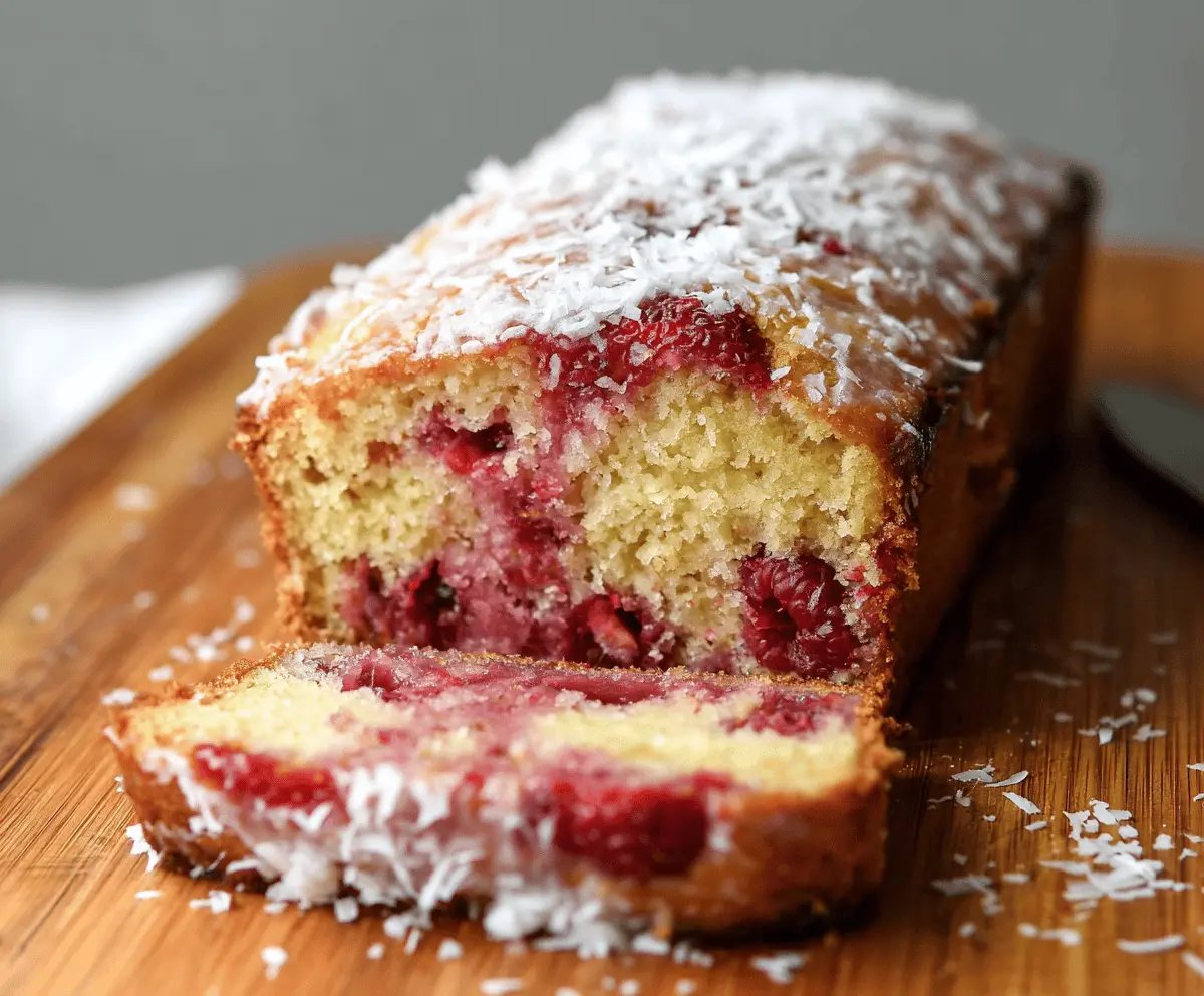 A sliced raspberry and coconut loaf cake garnished with fresh raspberries and coconut flakes, showcasing a moist and fluffy texture with vibrant red berries and shredded coconut on top.