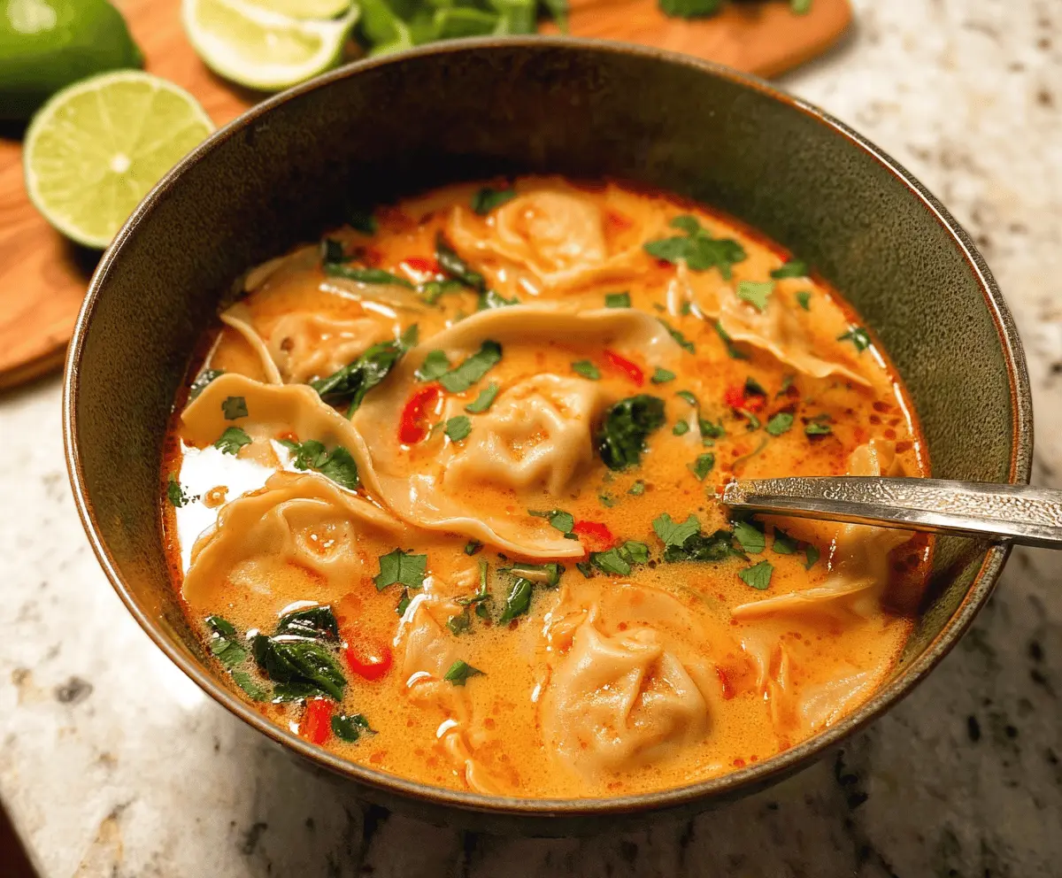 Delicious Red Curry Pot Sticker Soup with colorful vegetables and tender dumplings in a rich red curry broth