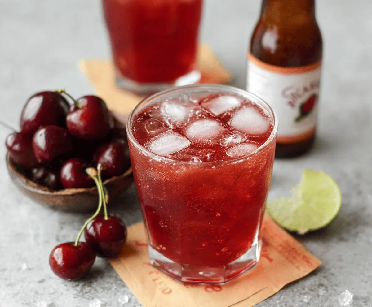 Glass of refreshing cherry iced tea garnished with fresh cherries and mint leaves on a summer table, perfect for hot days.