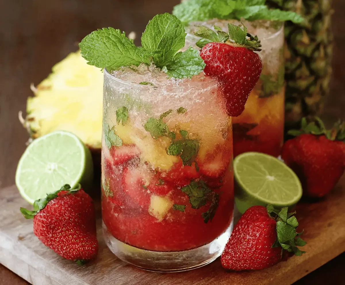 A vibrant glass of strawberry pineapple mojito garnished with fresh mint leaves and slices of strawberry and pineapple, perfect for a refreshing summer drink.