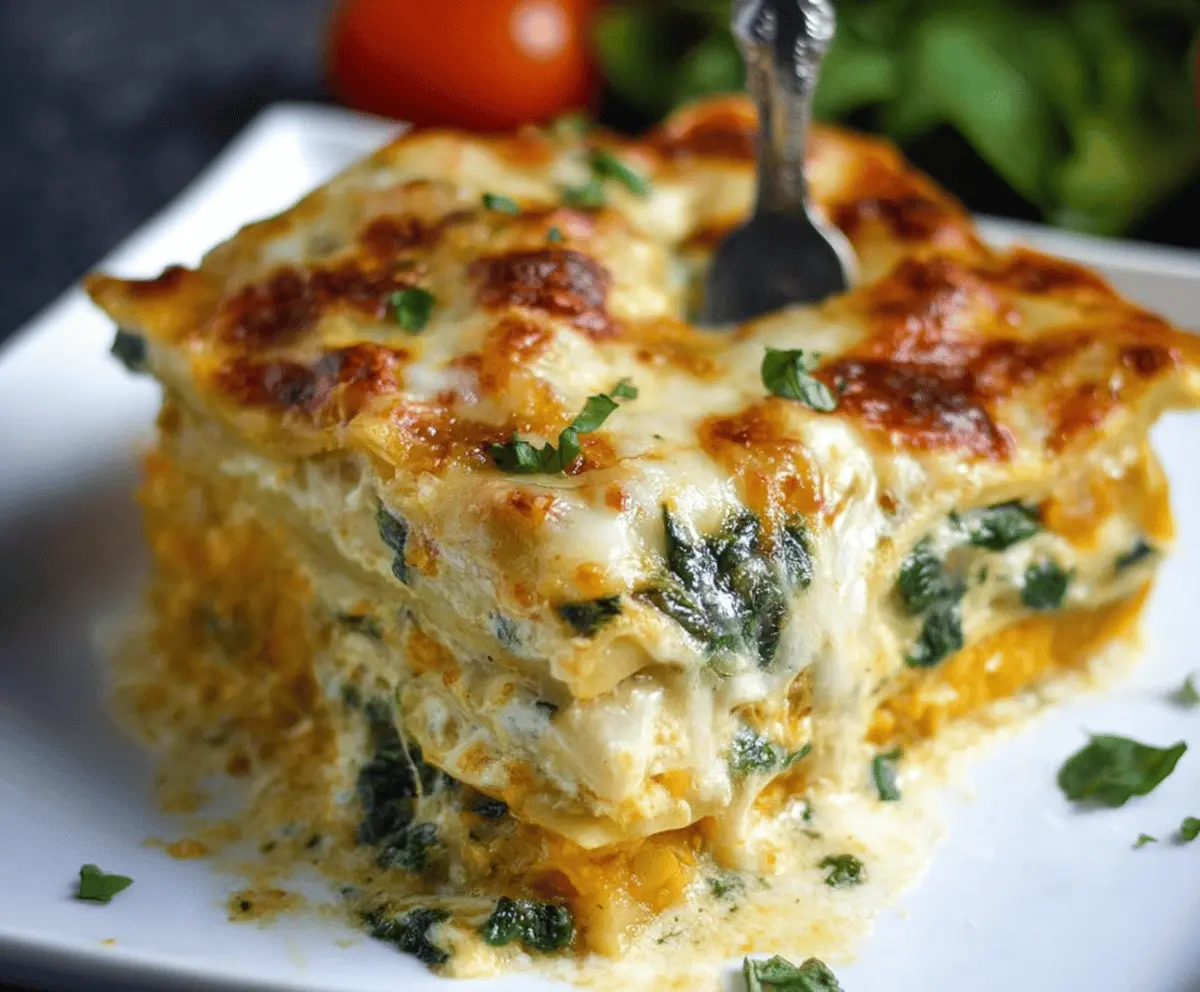 Delicious roasted butternut squash and fresh spinach layered in a homemade lasagna, baked to perfection with melted cheese