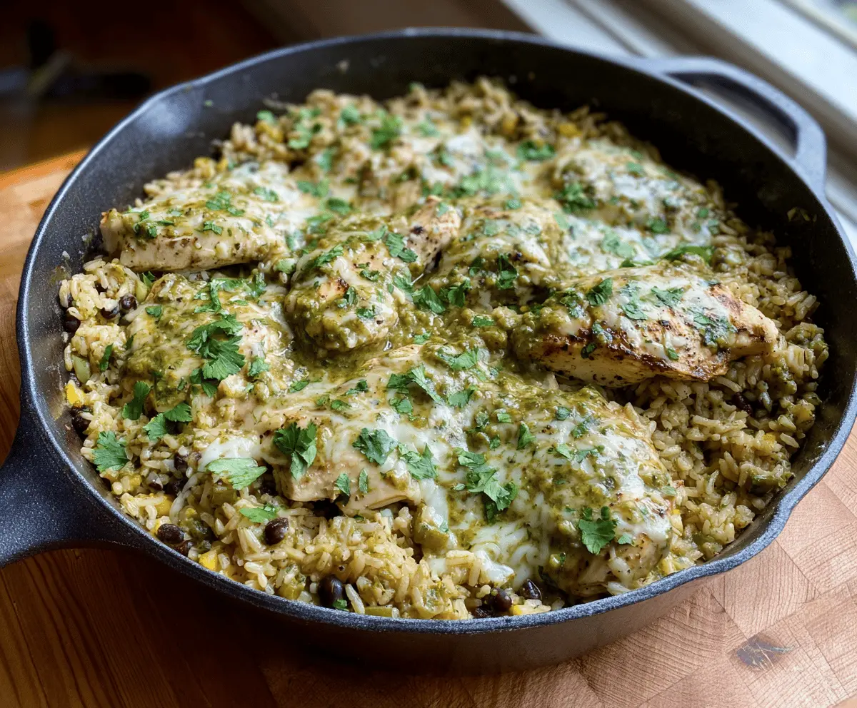 Delicious Salsa Verde Chicken and Rice Skillet with melted cheese, fresh herbs, and vibrant green salsa in a skillet dish