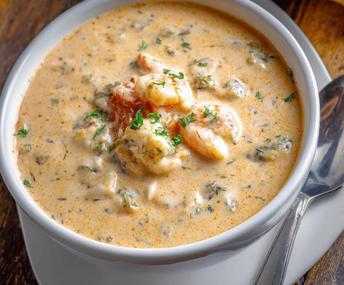 Creamy shrimp and crab seafood bisque served in a bowl with garnished herbs and fresh seafood pieces