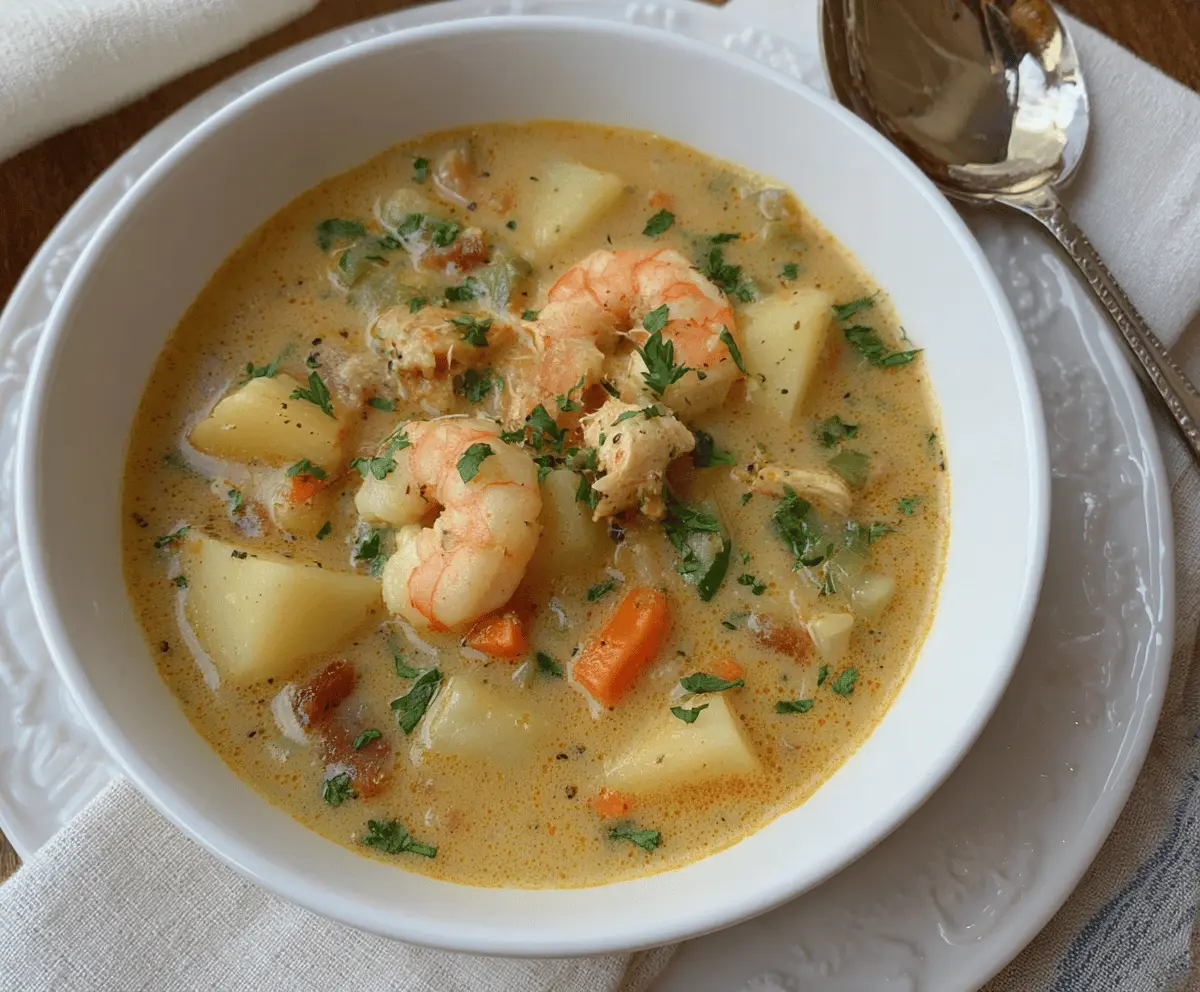 Creamy shrimp and potato chowder garnished with fresh herbs in a rustic bowl, perfect for a comforting seafood soup recipe.