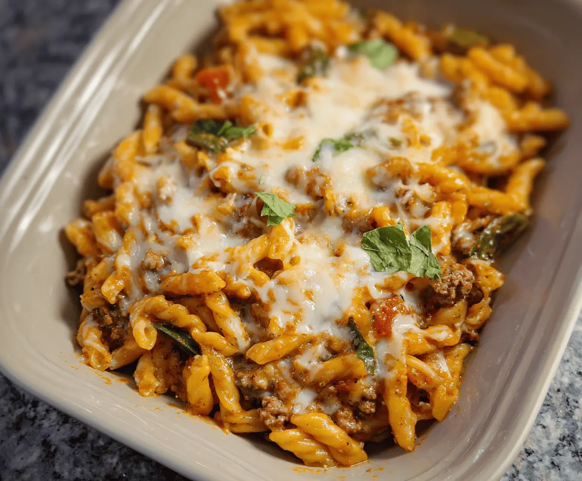 Delicious slow cooker pasta casserole with melted cheese and savory ingredients