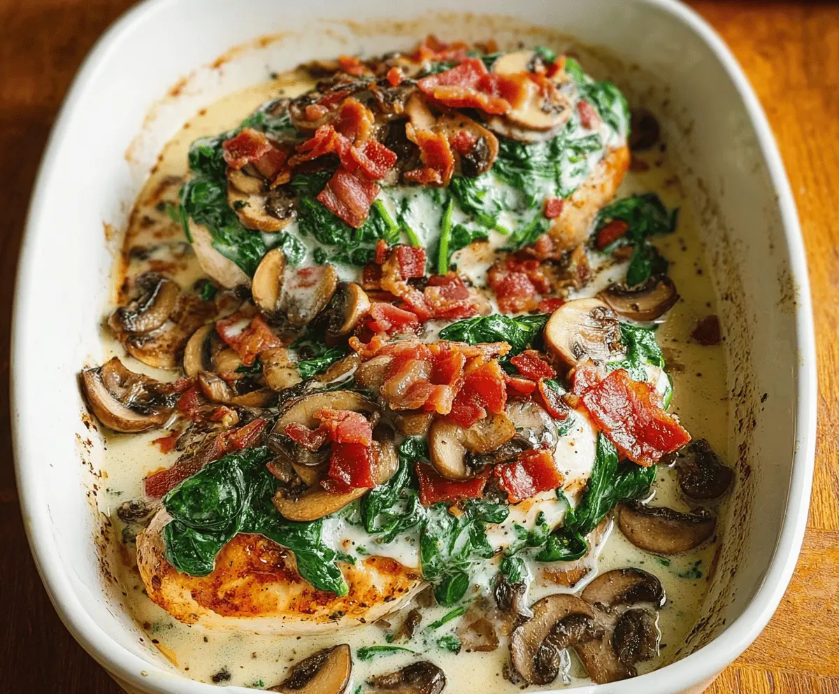 Smothered Chicken with Creamed Spinach, Bacon, and Mushrooms