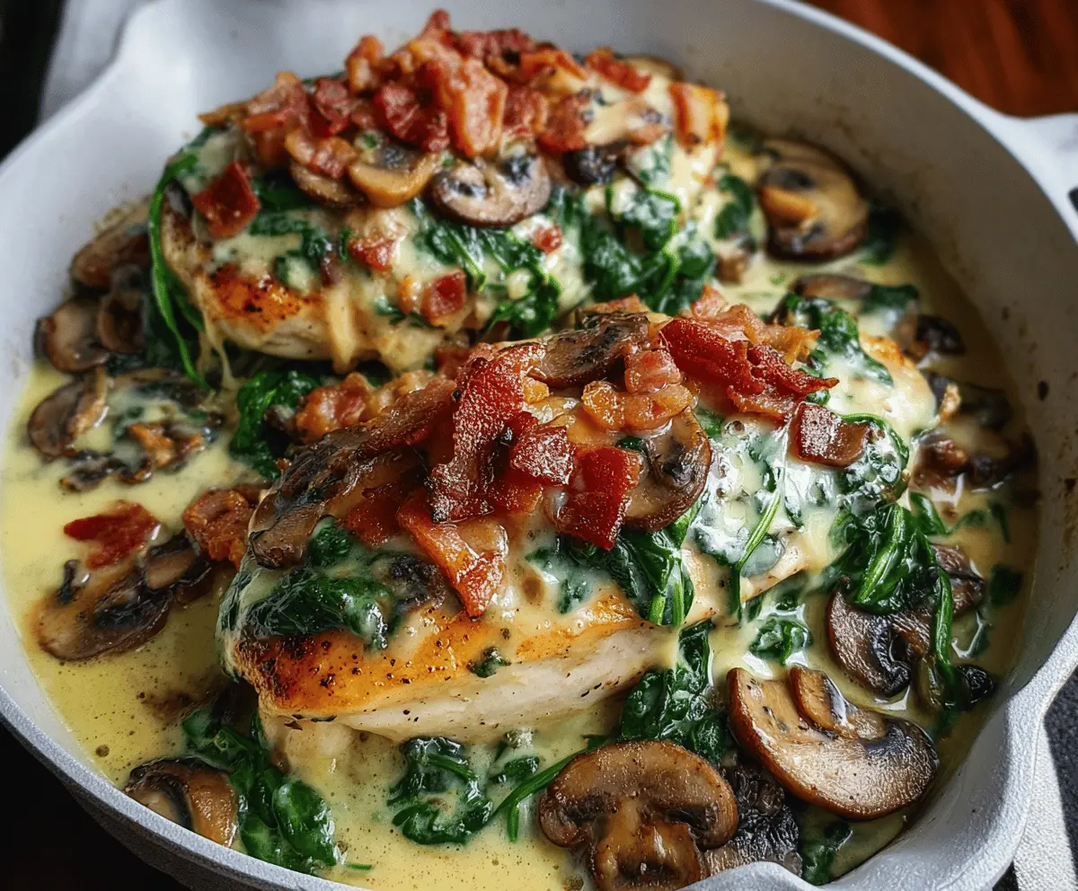 Delicious smothered chicken topped with creamy spinach, crispy bacon, and sautéed mushrooms, served on a plate.