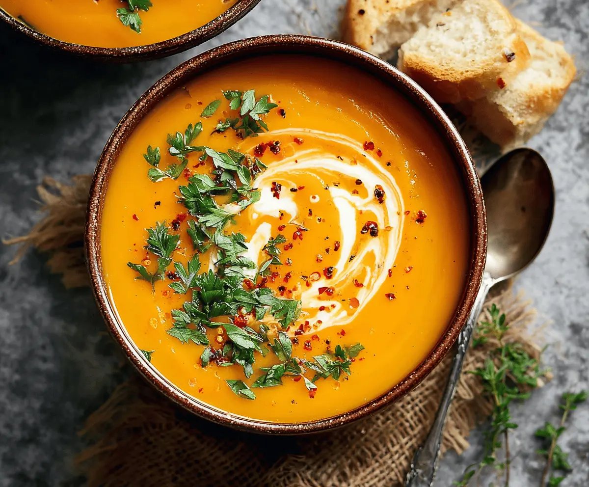 Creamy spicy butternut squash and sweet potato soup garnished with fresh herbs in a rustic bowl
