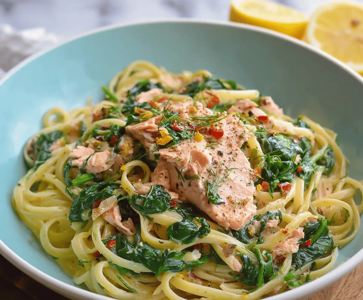Delicious spinach and salmon pasta dish with fresh greens and tender fish served on a white plate