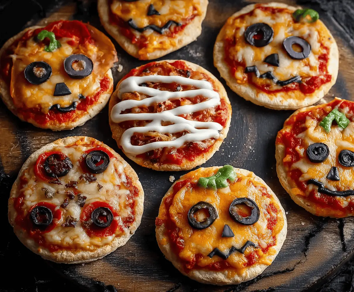 Cute and spooky mini Halloween pizzas with creepy toppings, perfect for Halloween parties and themed snacks.