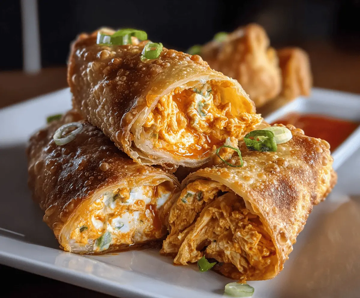 Super Crunchy Buffalo Chicken Egg Rolls with spicy buffalo sauce and crispy golden exterior