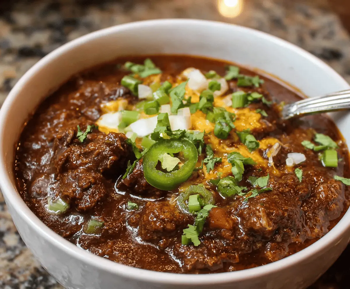 Spicy Texas Style No Bean Chili in a rustic bowl topped with shredded cheese and chopped onions, ready to serve
