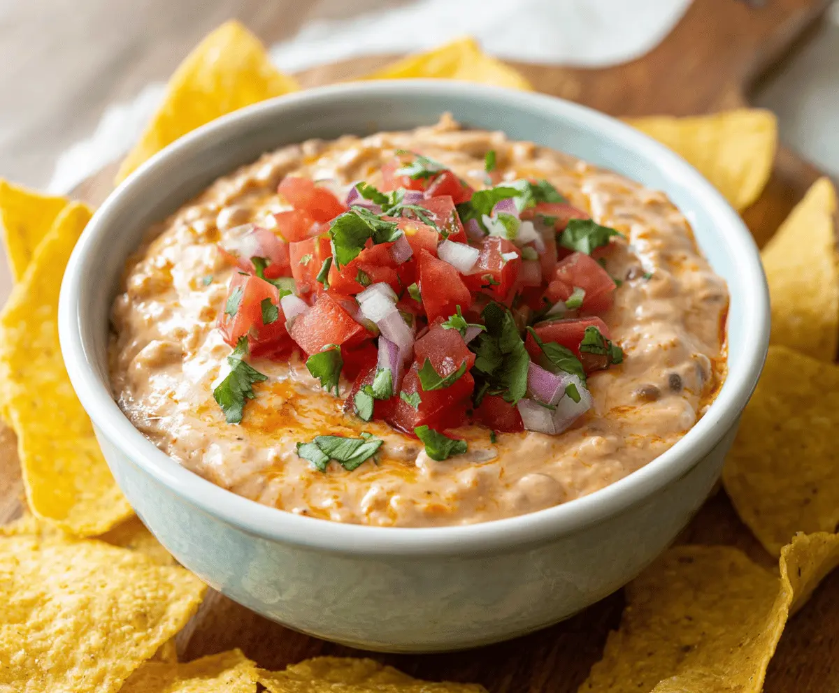 Creamy homemade bean dip topped with fresh herbs and shredded cheese, perfect for snacking or party appetizers.