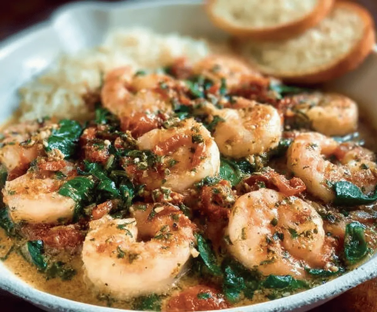 Delicious Tuscan Shrimp dish with garlic, cherry tomatoes, and fresh herbs served on a white plate.