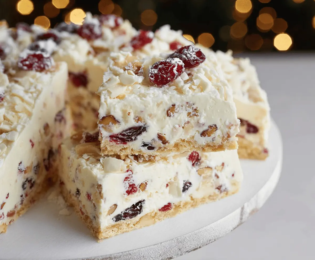 Delicious White Christmas Slice with a creamy coconut and marshmallow topping, topped with a cherry and coconut flakes, served on a white plate.