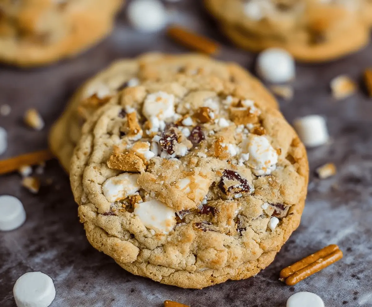 Delicious White Trash Cookies featuring pretzels, M&Ms, and white chocolate, perfect for sweet and salty snack lovers