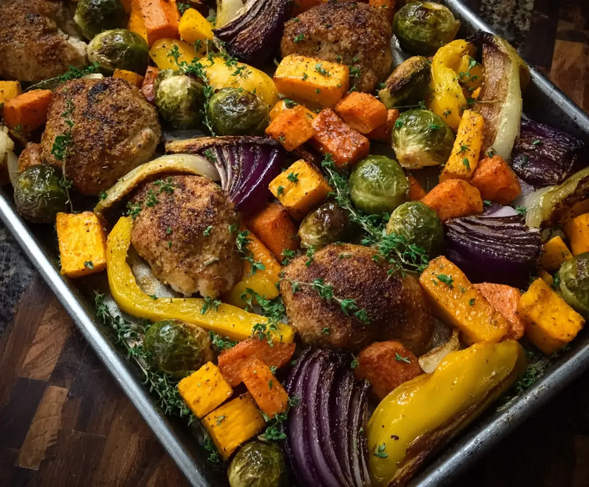 Colorful autumn rainbow sheet pan dinner with roasted vegetables and tender chicken slices.