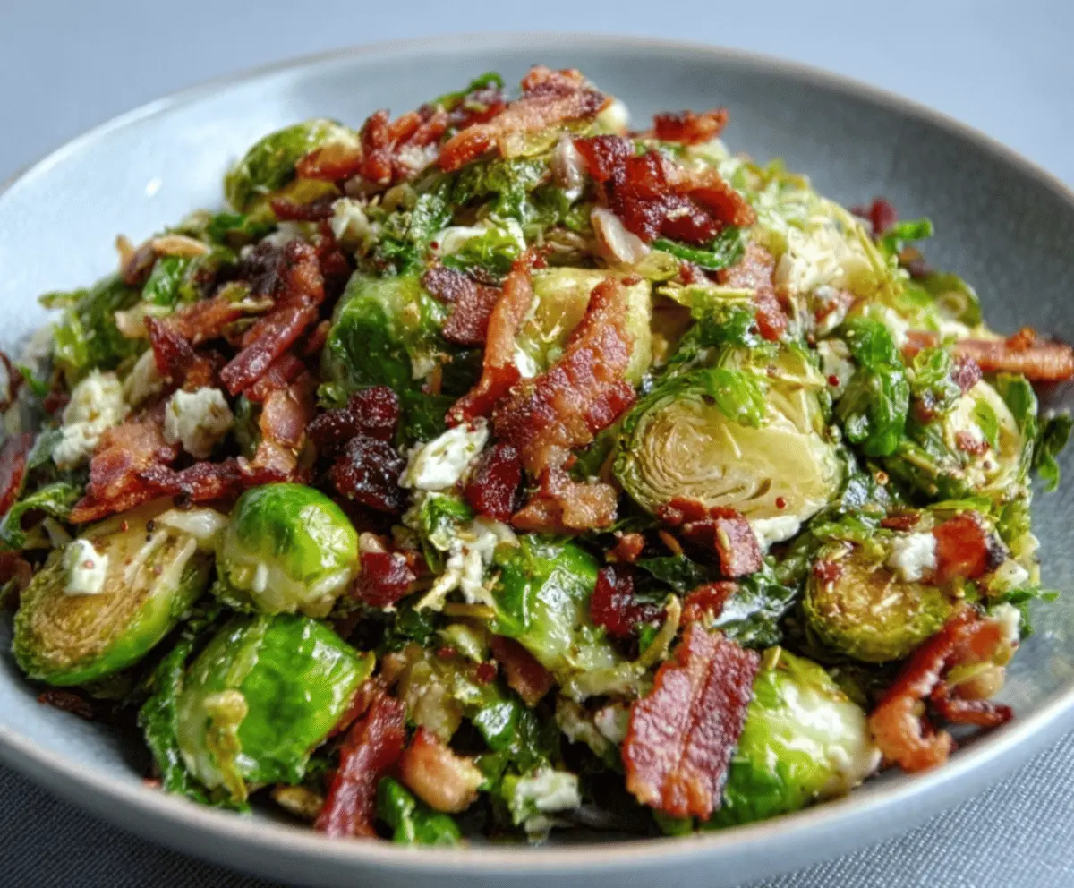 Delicious bacon and Brussels sprout salad topped with parmesan cheese for a savory appetizer.