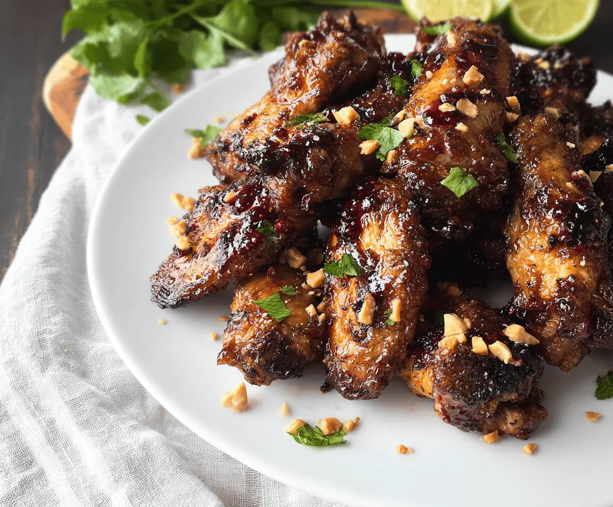 Delicious baked peanut butter and jelly chicken wings on a plate, showcasing a savory and sweet homemade appetizer.