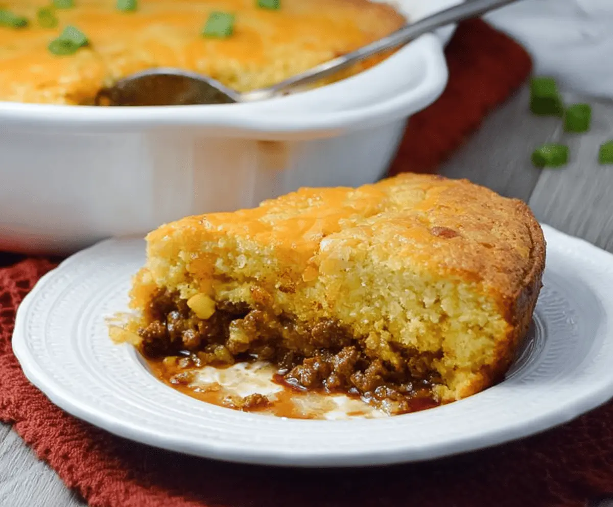 Delicious beef cornbread casserole in a baking dish, topped with melted cheese and fresh herbs.