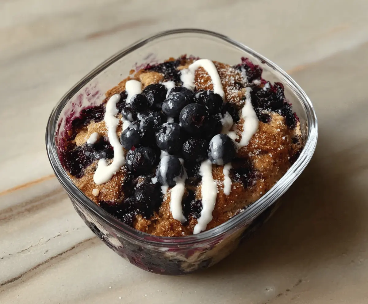 Delicious blueberry muffin bowl topped with fresh blueberries and a sprinkle of powdered sugar