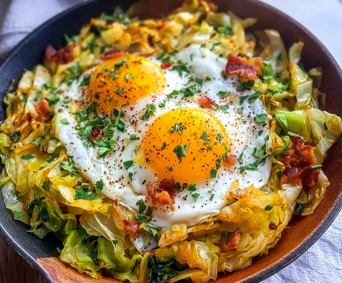 Delicious breakfast cabbage sauté served on a plate with fresh vegetables and herbs.