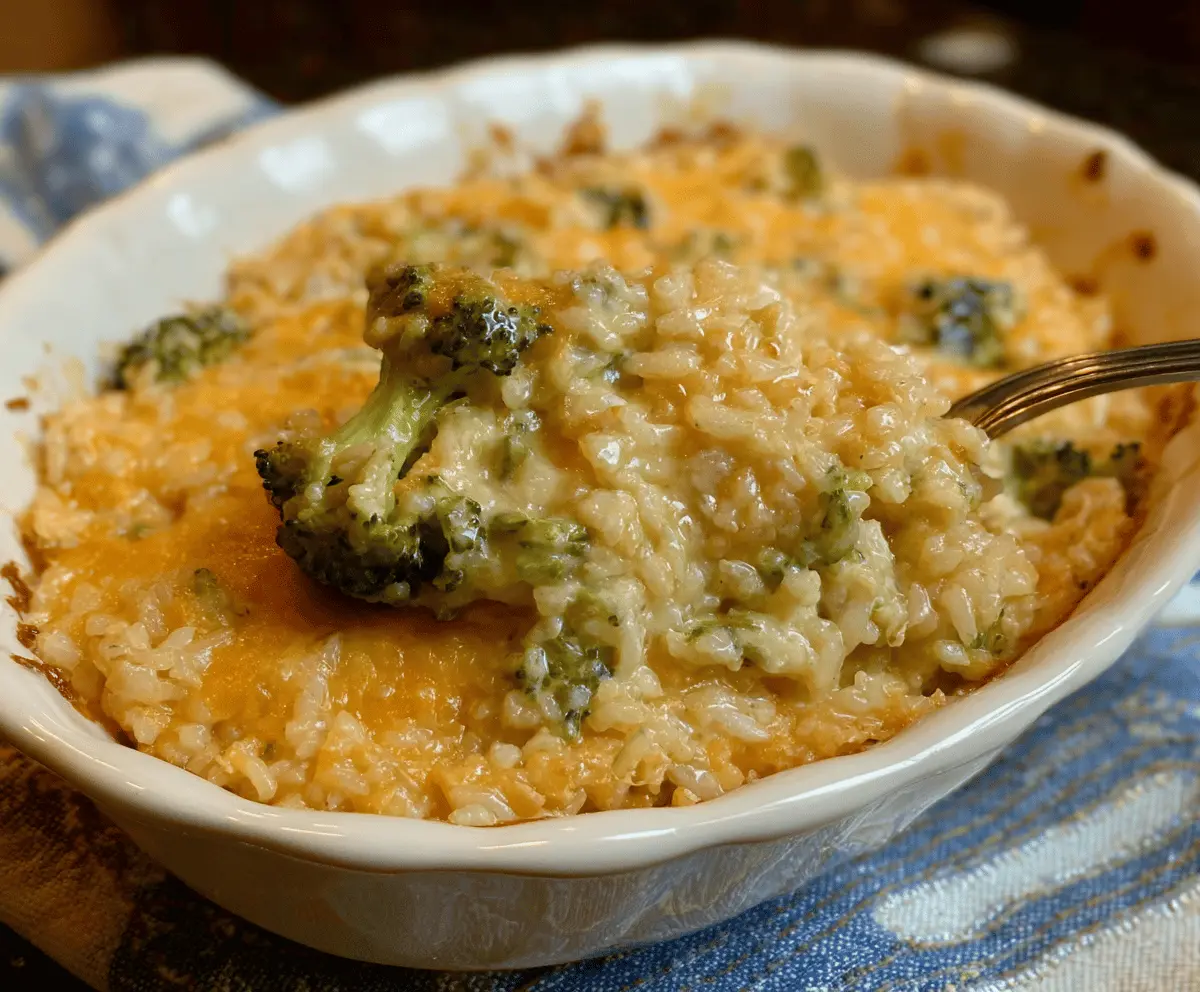 Delicious cheesy broccoli rice casserole in a baking dish, topped with melted cheese and fresh broccoli florets.