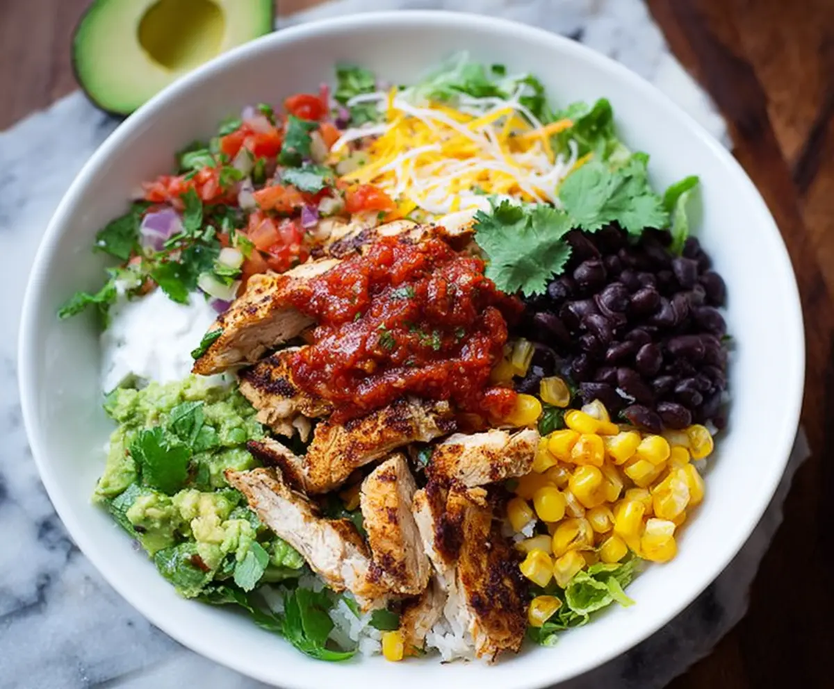 Delicious chicken burrito bowl with fresh vegetables and toppings