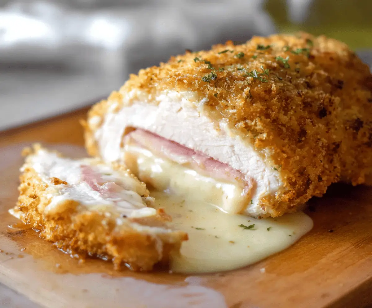 Delicious homemade Chicken Cordon Bleu with golden crispy breading and melted cheese interior.