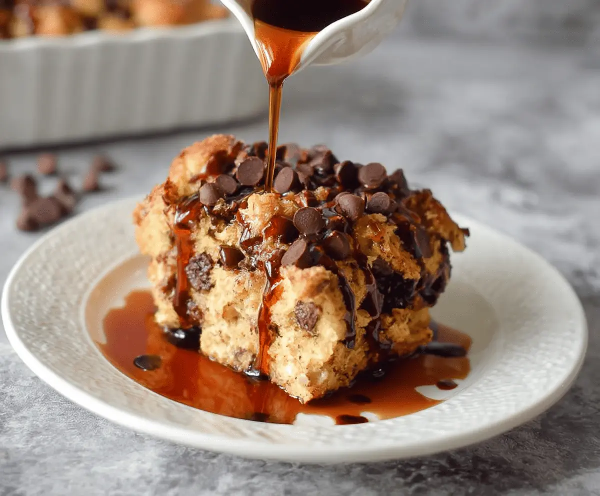 Delicious Chocolate Chip French Toast Casserole topped with fresh berries and powdered sugar.