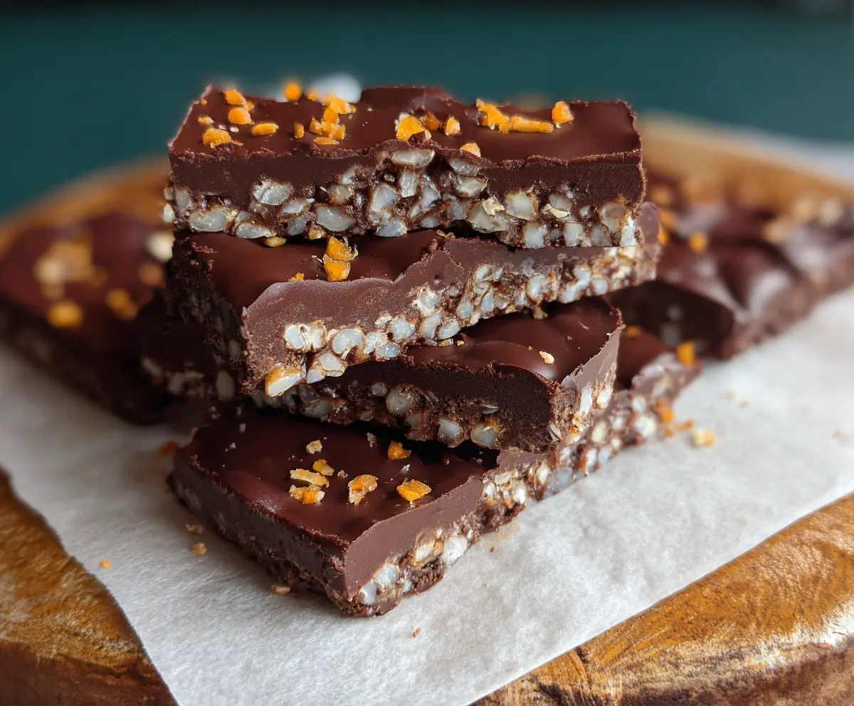 Delicious Chocolate Fudge Crunch Bars with a glossy chocolate topping and crunchy texture.