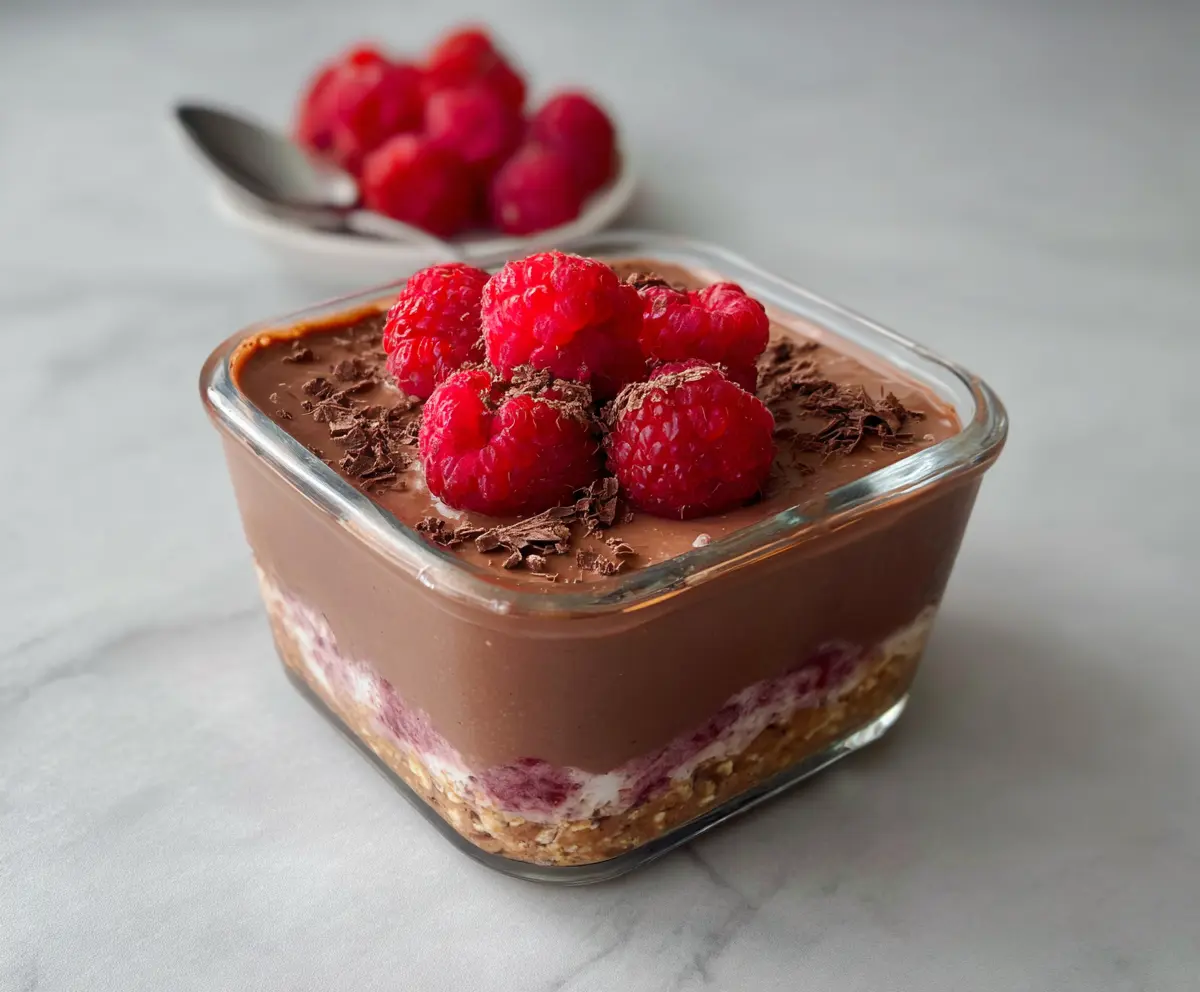 Delicious chocolate raspberry overnight Weetbix served in a bowl with fresh berries and cocoa powder