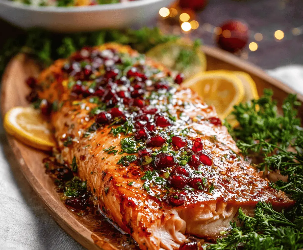 Healthy baked Christmas salmon garnished with fresh herbs, perfect for holiday dinner.