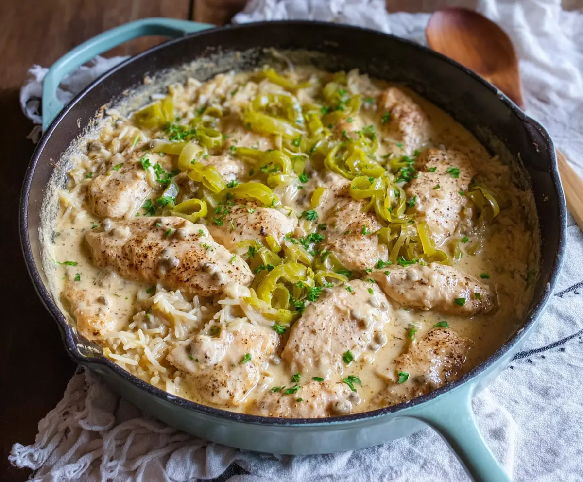 Delicious Creamy Pepperoncini Chicken Skillet served on a plate with fresh herbs