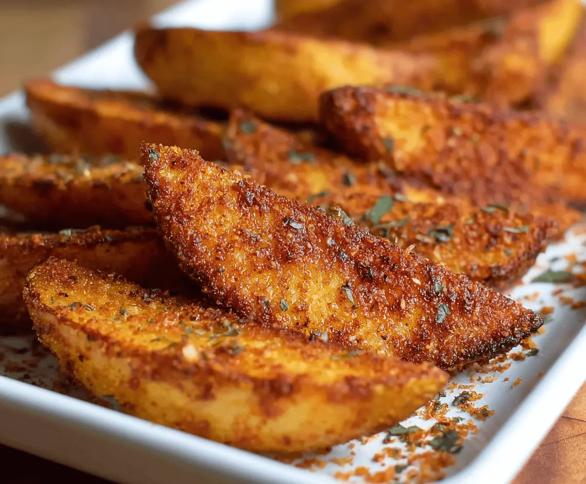 Close-up of crispy seasoned baked potato wedges stacked on a plate, golden and crunchy.