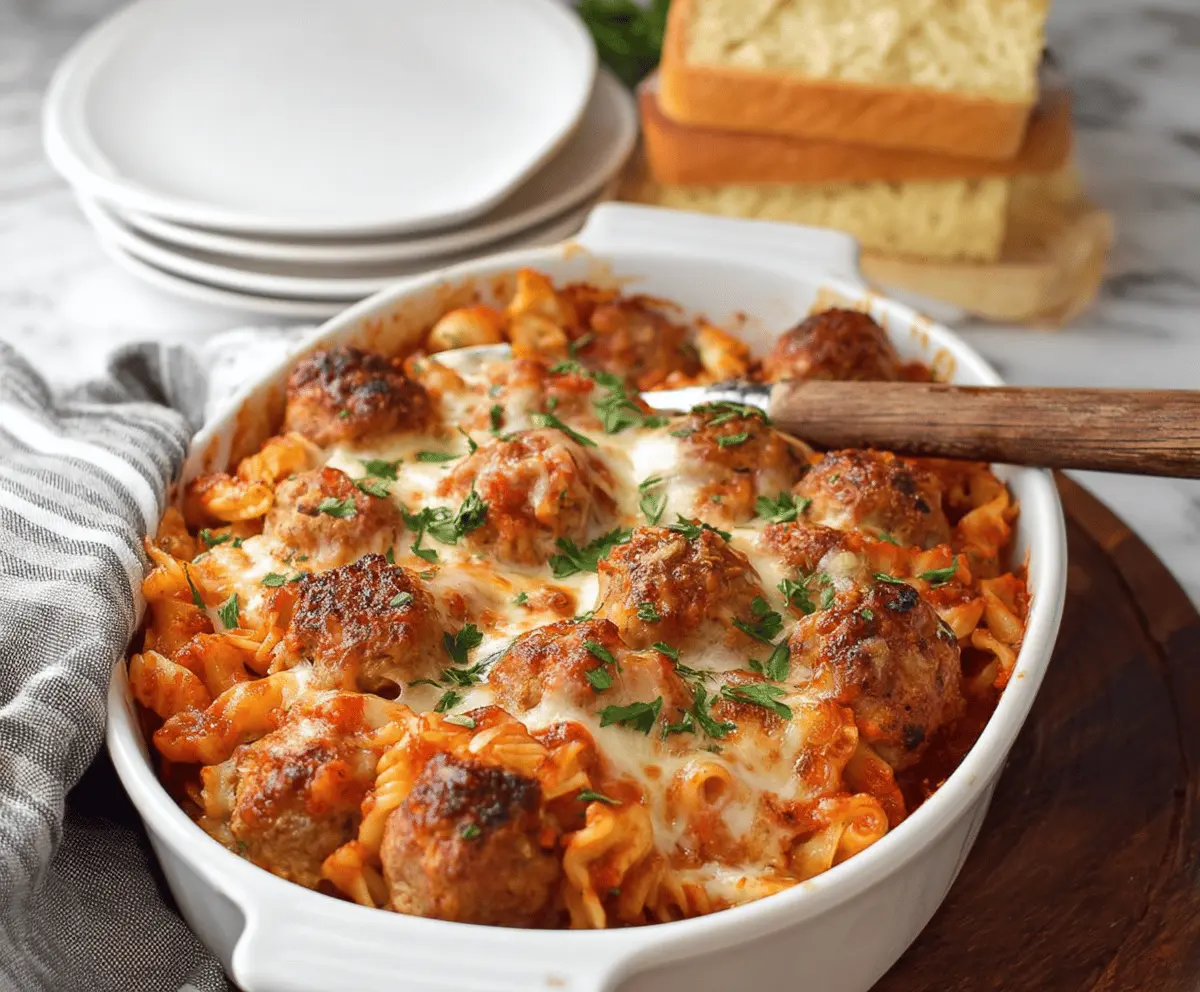 Delicious Dump & Bake Meatball Casserole with melted cheese and savory meatballs in a baking dish.