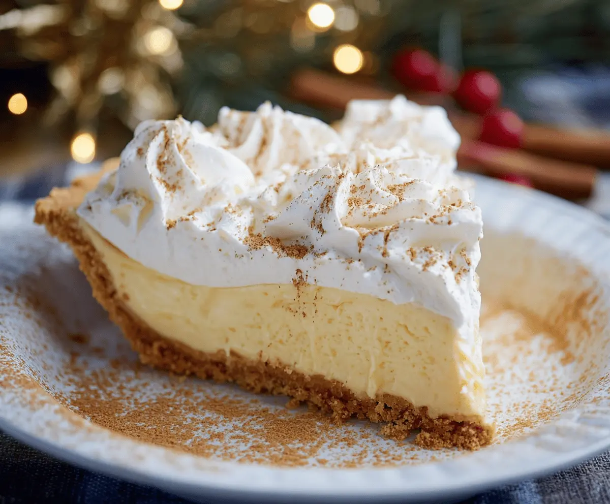 Delicious Eggnog Cream Pie topped with whipped cream and nutmeg, ready to serve during the holiday season.