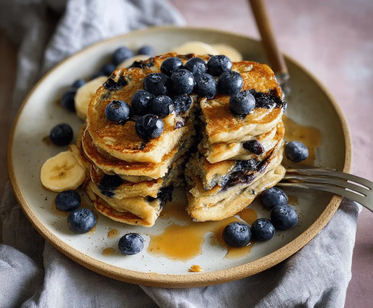 Delicious fluffy vegan blueberry pancakes served on a plate, topped with fresh blueberries and maple syrup.