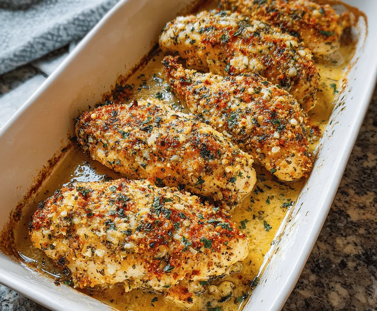 Delicious Garlic Parmesan Chicken Bake with golden crust and melted cheese ready to serve.