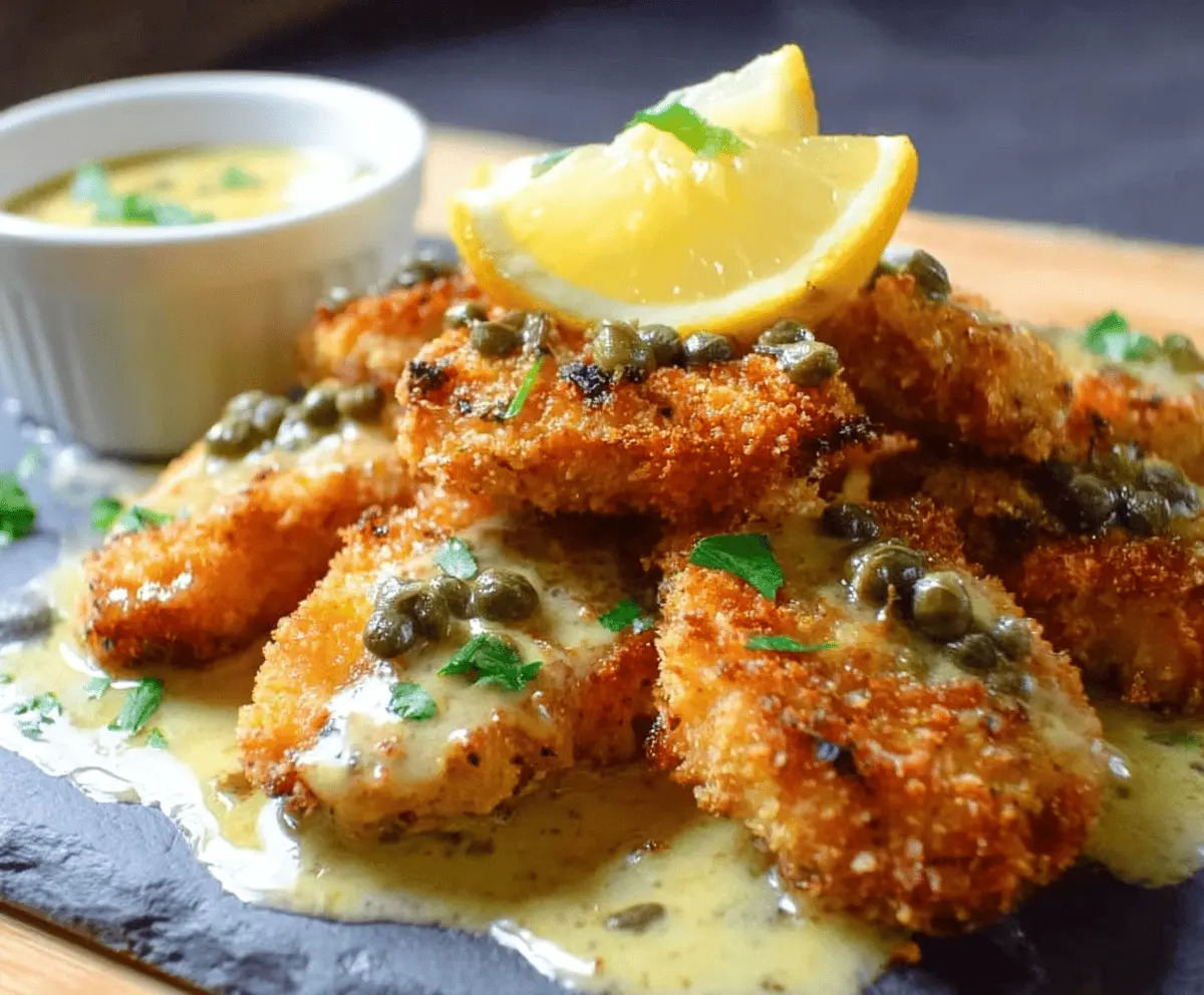 Crispy golden chicken nuggies served with fresh lemon and capers in a lemony piccata sauce.