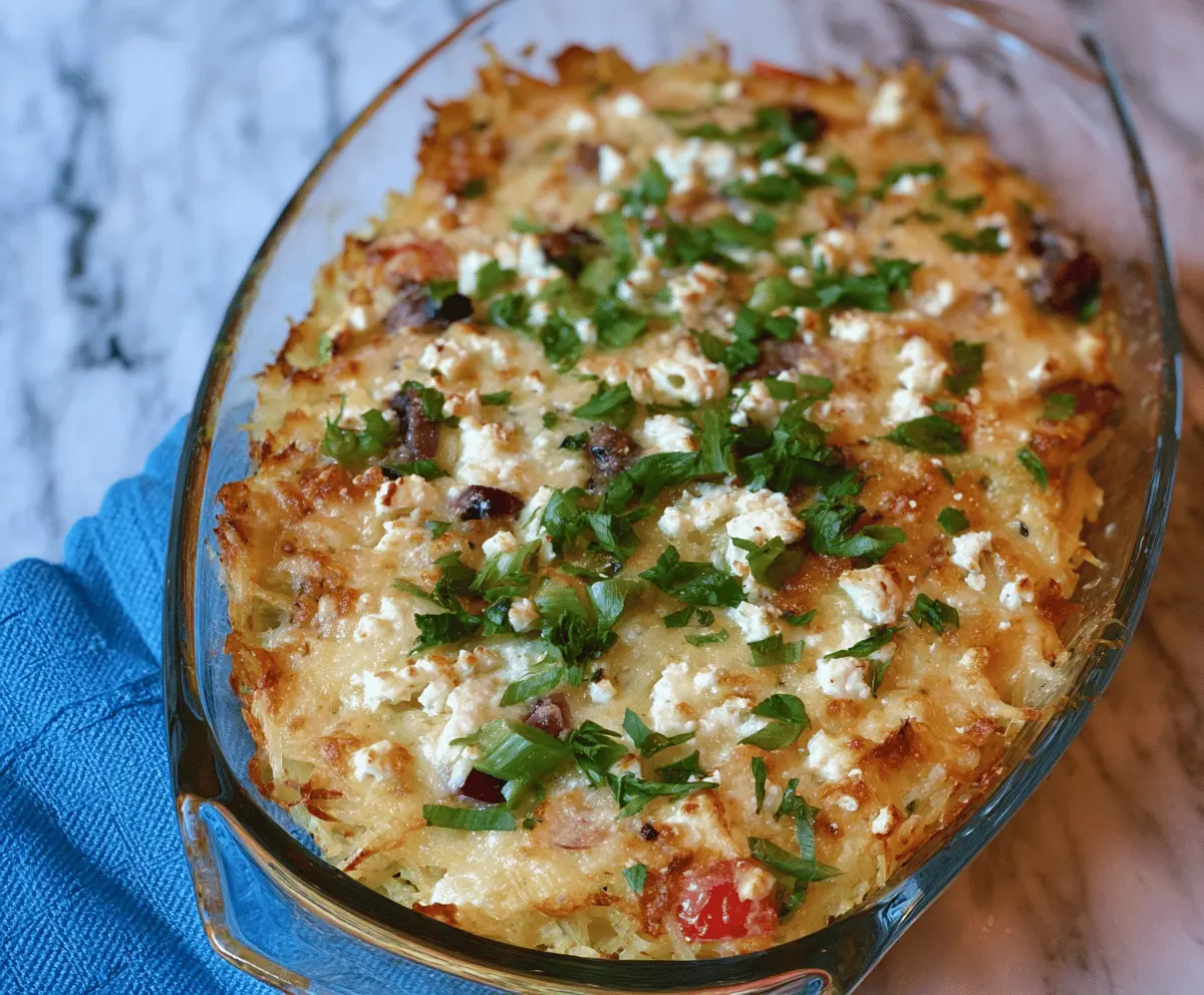 Delicious Greek spaghetti squash casserole topped with fresh herbs and feta cheese.