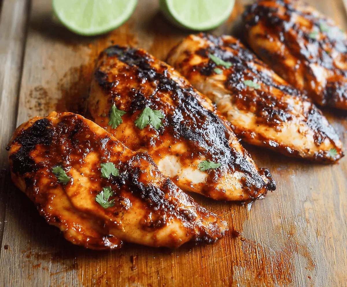 Juicy grilled chipotle lime chicken served on a plate with fresh lime wedges and herbs.