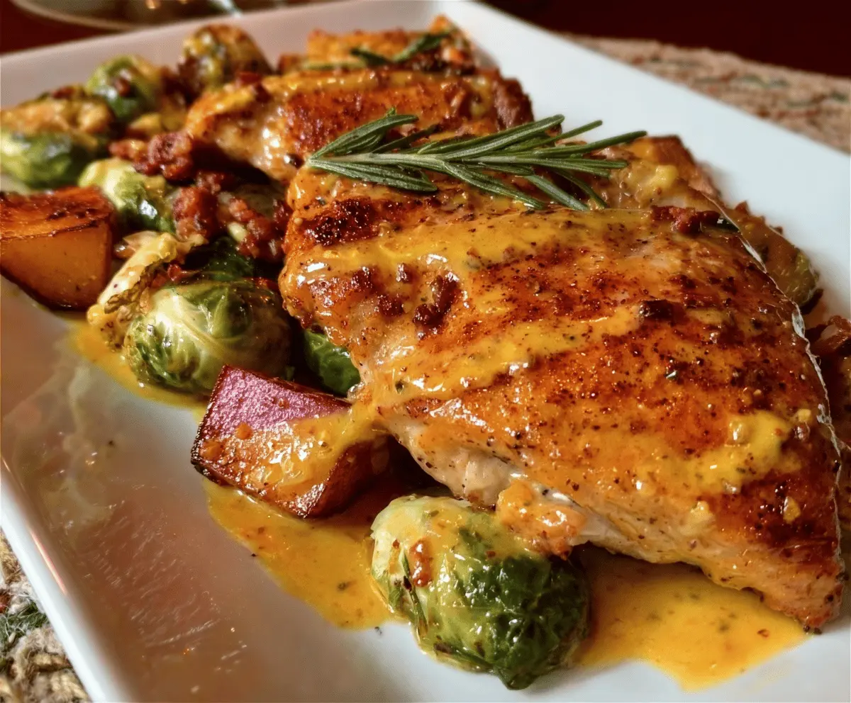 Juicy Harvest “Honey” Mustard Chicken served with fresh vegetables on a rustic plate.