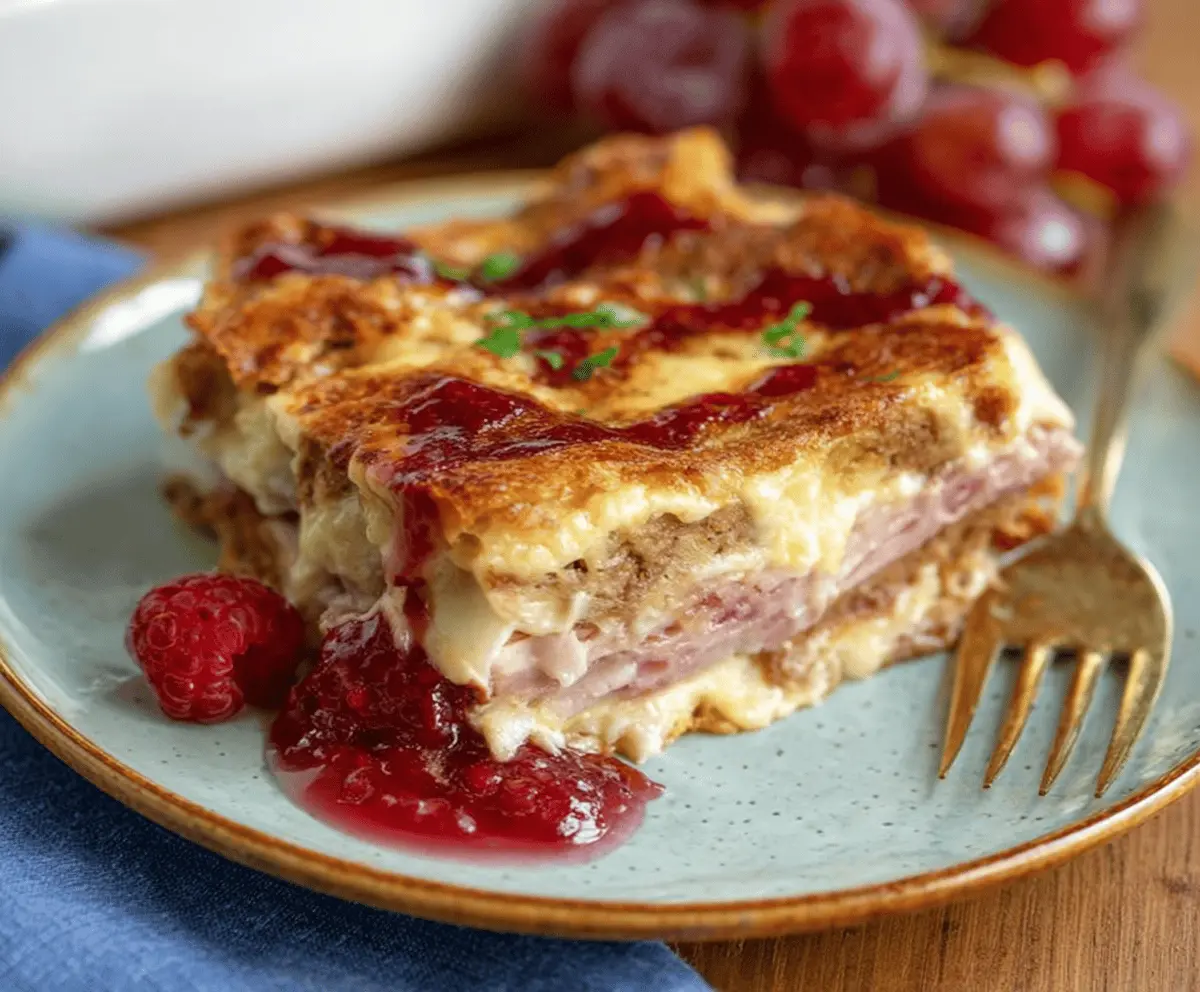 Delicious healthy Monte Cristo casserole with melted cheese and turkey slices in a baking dish.