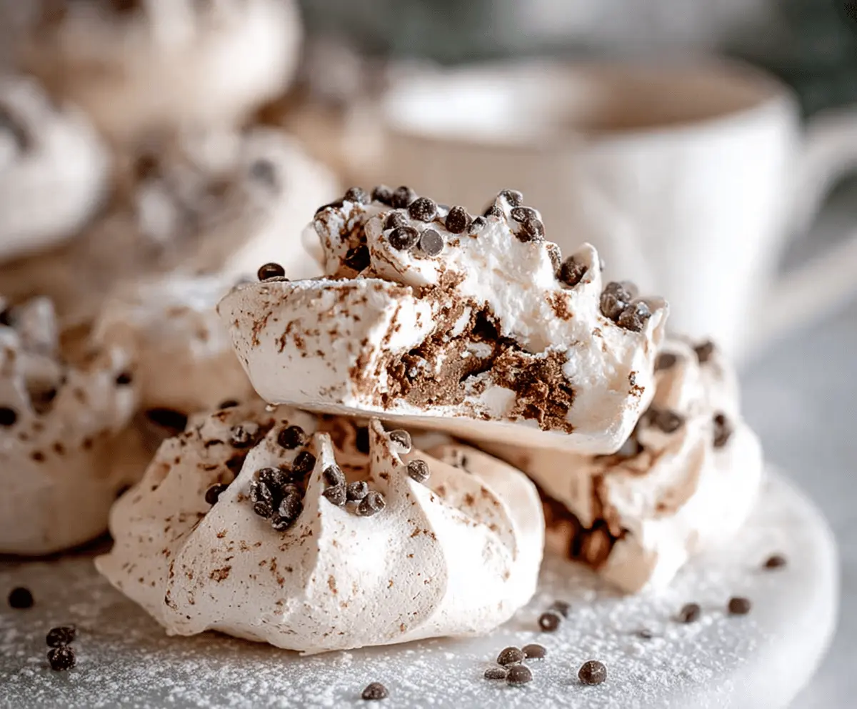 Delicious hot cocoa meringue cookies with a crispy exterior and melt-in-your-mouth texture.
