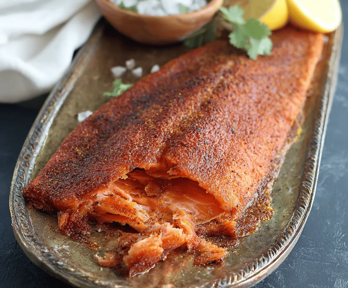 Delicious hot smoked salmon fillet with a golden brown sugar spice rub, garnished with fresh herbs.