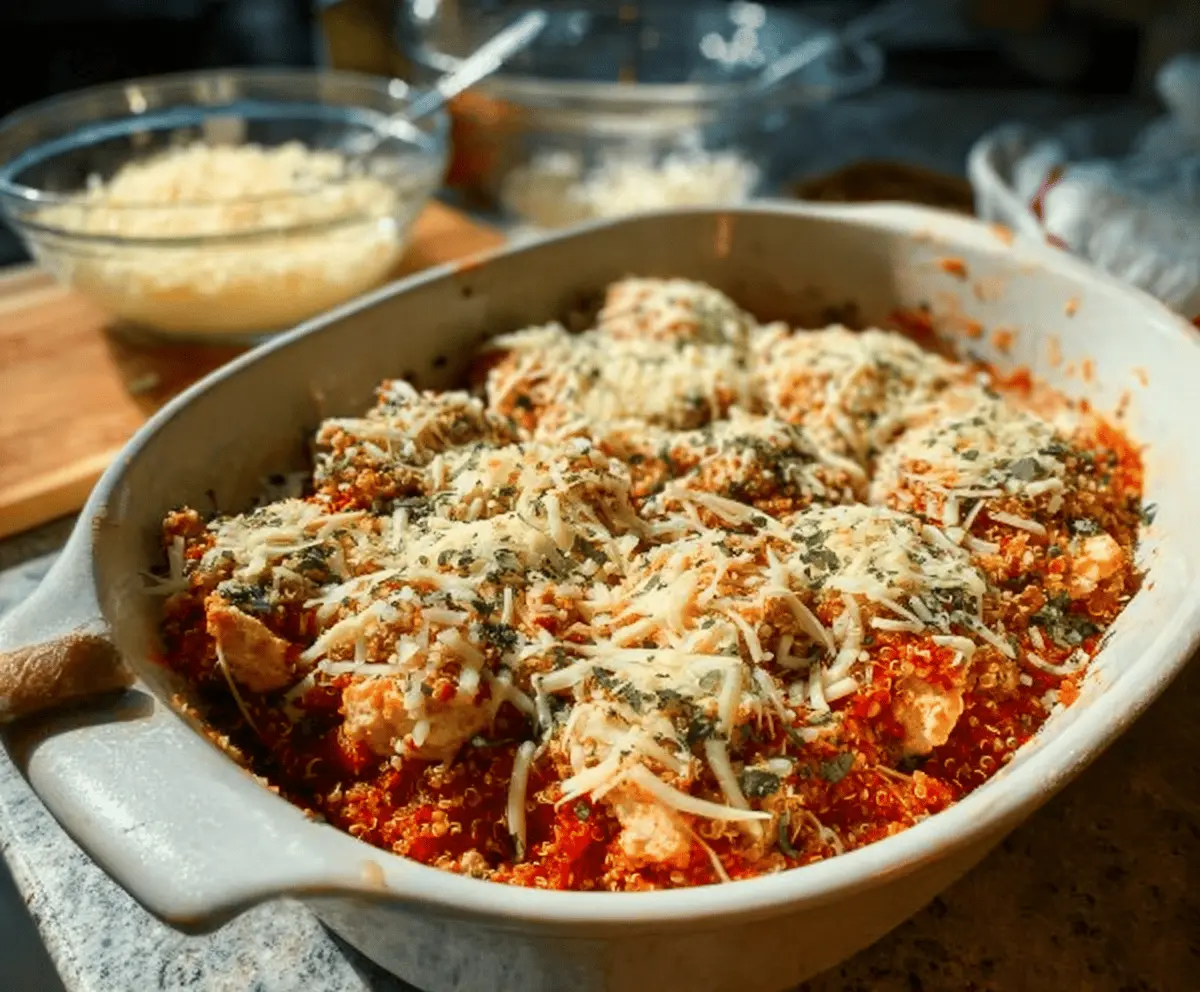 Delicious Lazy Chicken Parmesan Quinoa Casserole topped with melted cheese and fresh herbs.